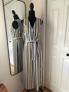 Sleeveless Striped Wrap Jumpsuit in White, Navy & Yellow
